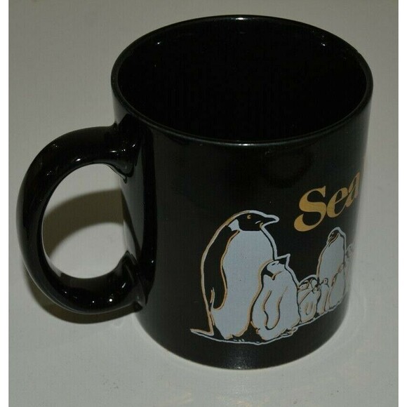 Nice Vintage SEA WORLD Penguins Whale Black & Gold Ceramic Coffee Mug Rare - Picture 5 of 8